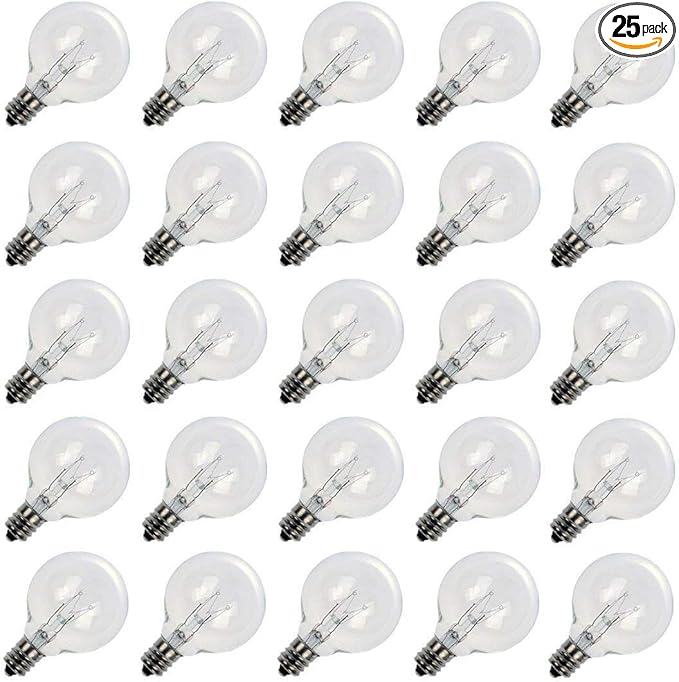 Brightown G40 Replacement Light Bulbs, 25 Pack 5W Clear Globe Bulb fits E12 C7 Candelabra Screw Base Sockets, 1.5 Inch Dimmable Light Bulbs for Indoor Outdoor Patio Decor, Warm White