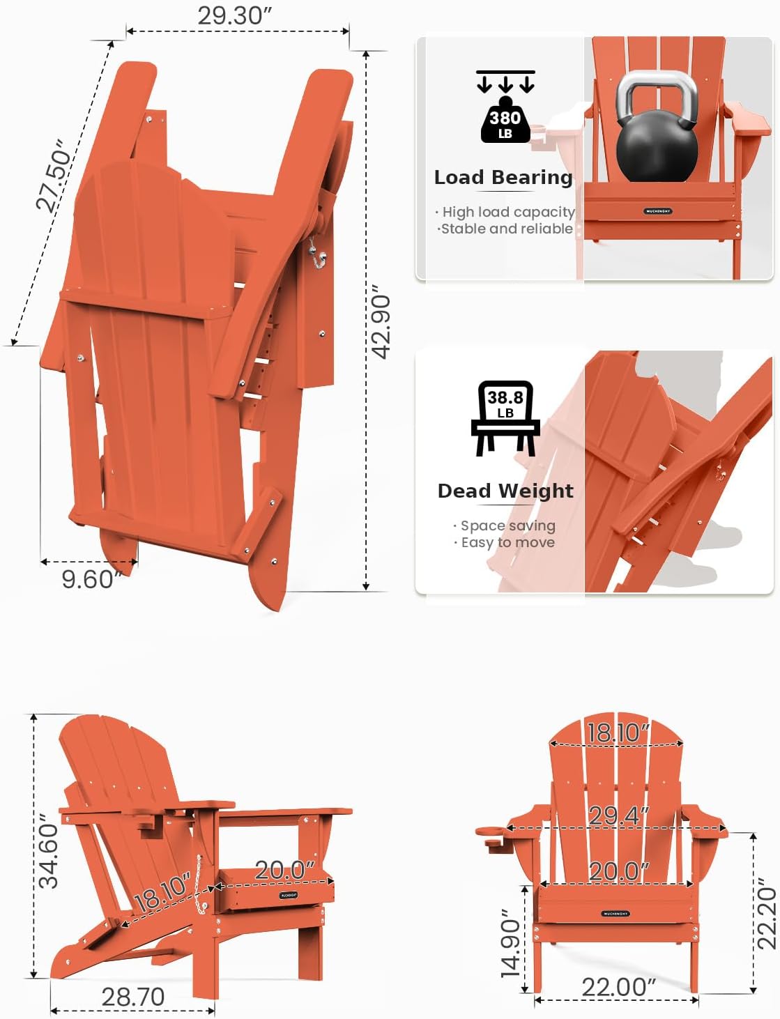 MUCHENGHY Folding Adirondack Chairs, Patio Chairs, Lawn Chairs, Outdoor Chair, Adirondack Chair Plastic, Fire Pit, Weather Resistant with Cup Holder for Deck, Backyard, Garden(Orange)