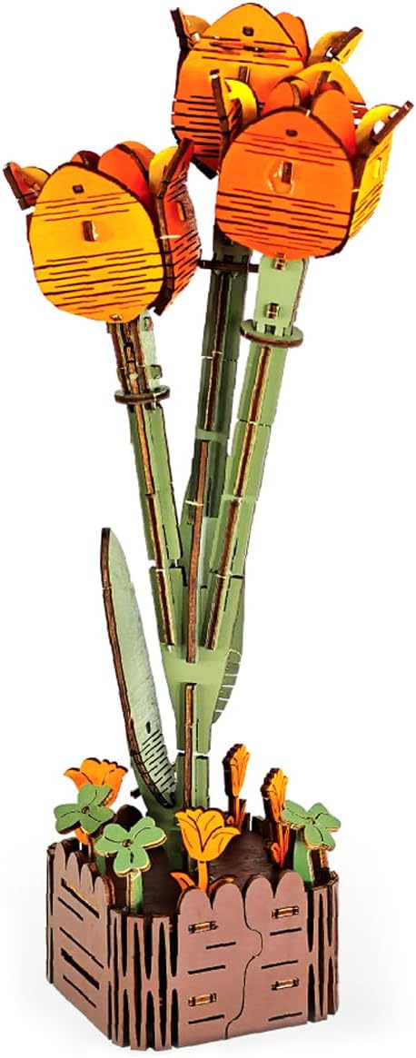 3D Wooden Puzzles for Kids DIY Wooden Flower Building Block Set Craft for Children Adults to Build Valentine's Day/Mother's Day/Teacher's Day/Birthday Gifts (Tulip)