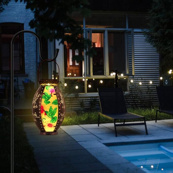 Starsoul Hummingbird Solar Lantern Stained Glass & Metal Outdoor Lantern Waterproof Hummingbird Hanging Metal Decorative Lights for Patio Table Garden Pathway Yard