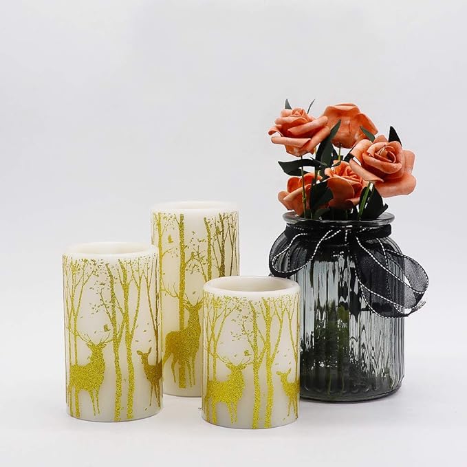 Gold Deer Flameless Candles with 6H Timer, Set of 3 Real Wax LED Flickering Candles, Christmas Pillar Candles with Gold Elk Decor for Home Party Decorations(H6 x D3)