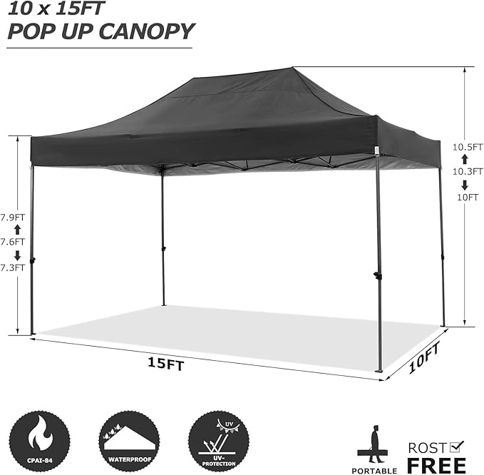 COBIZI 10x15 FT Pop up Canopy Tent,Heavy Duty Easy Up Commercial Outdoor Party Canopy Tents for Wedding Parties All Season Wind & Waterproof Gazebo with Carry Bag,Black(Frame Thickened)