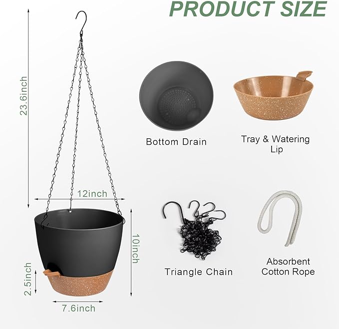 Hanging Planters for Indoor Outdoor Plants, 1 Set Self Watering Hanging Pot with Drainage Holes & Removable Tray (Black-12inch, 12'')