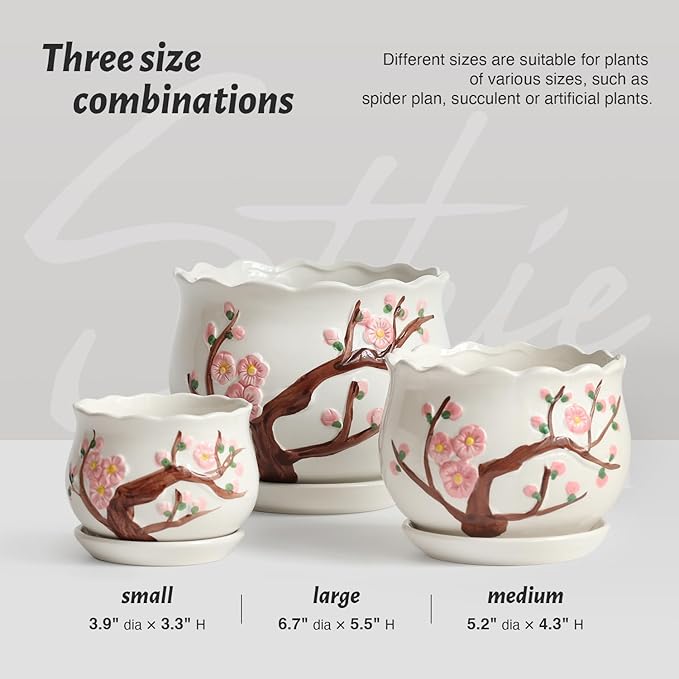 Ceramic Plant Pots with Drainage Holes and Saucers, Round Flower Pots for Indoor Plant, 3.9/5.2/6.7 Inches Small Flower Planters Set of 3