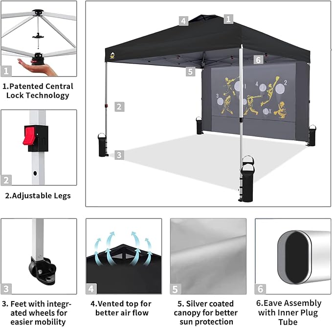 CROWN SHADES 10x10 Pop Up Canopy Tent with Game Netting - Beach Tent with One Push Setup - Outdoor Sun Shade for Events, Parties, Camping with STO-N-Go Cover Bag, Silver Coated Top, Black