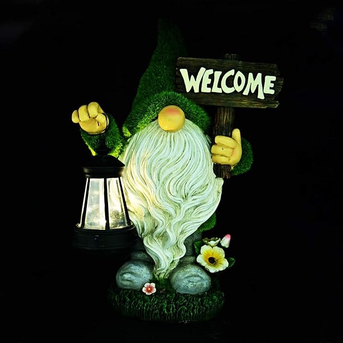 ASAWASA Gnomes Decorations for Yard with Solar LED Light, 10.8" Large Outdoor Funny Garden Lawn Gnome Decor with Welcome Sign