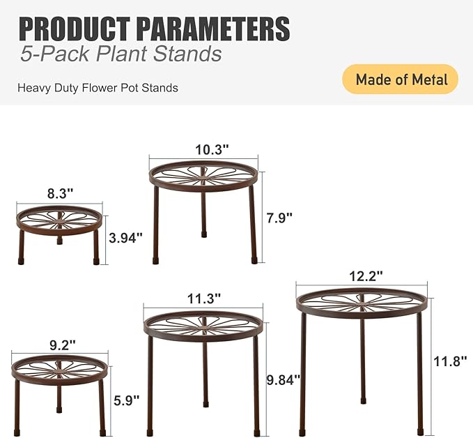 Plant Stand,5 Pack Heavy Duty Flower Pot Stands,Metal Decoration Racks,Round Plant Shelf for Planter Outdoor and indoor (Brown)
