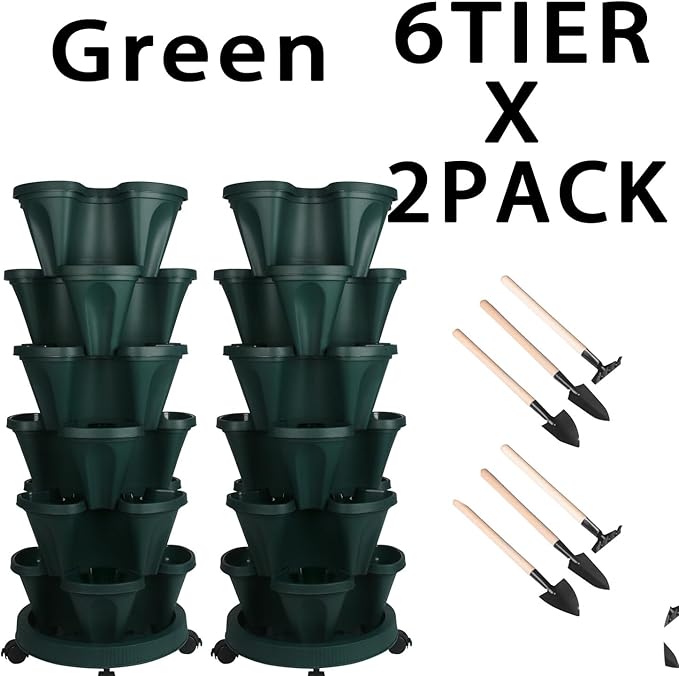 Vertical Planter 6 Tier Stackable Planters Garden Planters Strawberry Herb Flower and Vegetable Planter Indoor Outdoor Gardening Pots with Removable Wheels and Tools 2-Pack