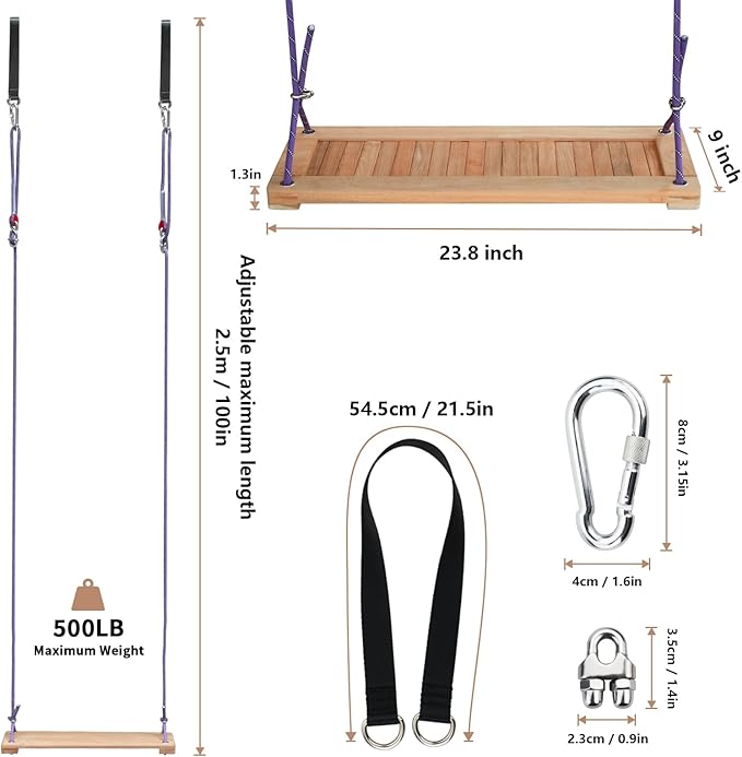 Teak Wooden Swing, Outdoor Wood Tree Swing Seat for Kids or Adults for Backyard Columpio, Height Adjustable (23.8x9inch)