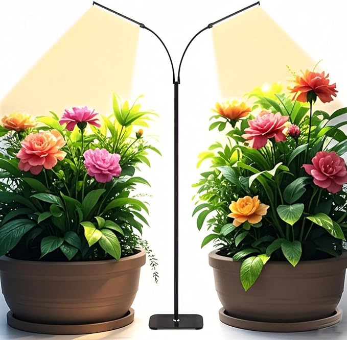 Plant Light for Indoor Growing, Full Spectrum Grow Light with 2 Heads,66.5in Extendable,144LEDs,10-Level Dimmable, Automatic Timer,Adjustable Gooseneck Floor Lamp for Tall Large Plants