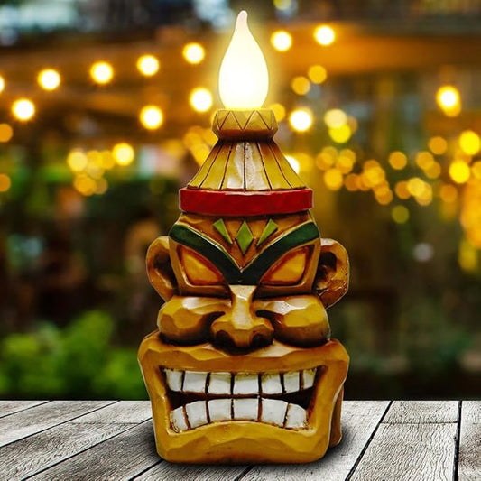 Outdoor Solar Tiki Statue Decor-Tiki Bar Decoration-Torch Tiki Head Statues Outdoor Decorations for Garden,Patio,Yard,Backyard,Lawn,Garden Gift,Garden Tiki Figurine 8.74 Inch Tall