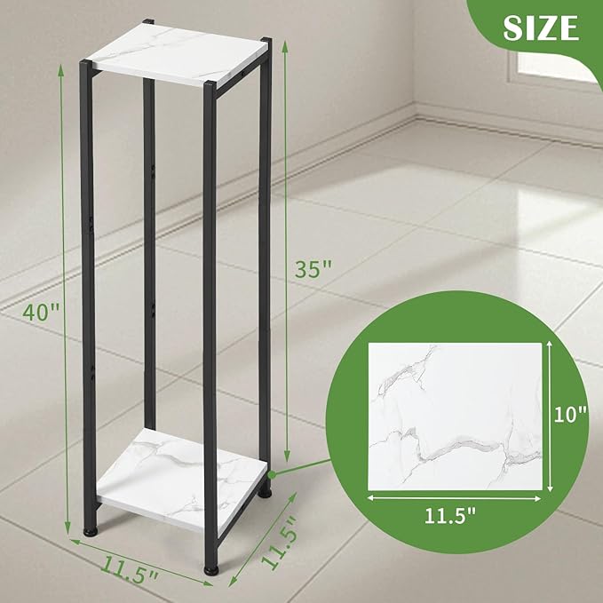 Extra Tall Plant Stand Indoor,40 Inch Plant Stands,2 Tier Metal Plant Stand with Heavy Duty Wood,Marble White and Black