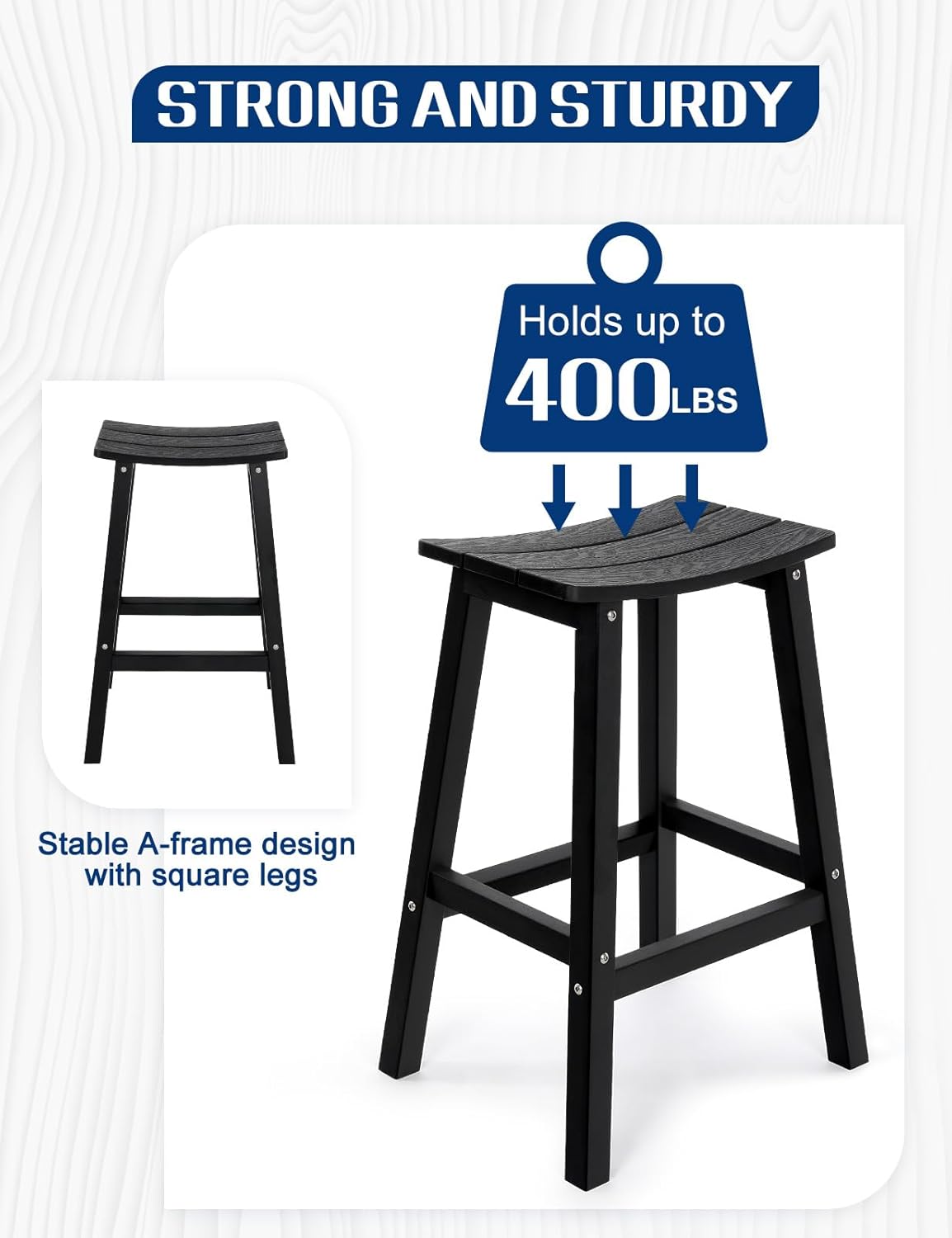 Weatherproof Bar Stools Set of 2, 28" Height Outdoor Bar Stools Holds up to 400 lbs, Saddle Seat, Bar Height Stools for Patio, Garden, and Kitchen Island, Black