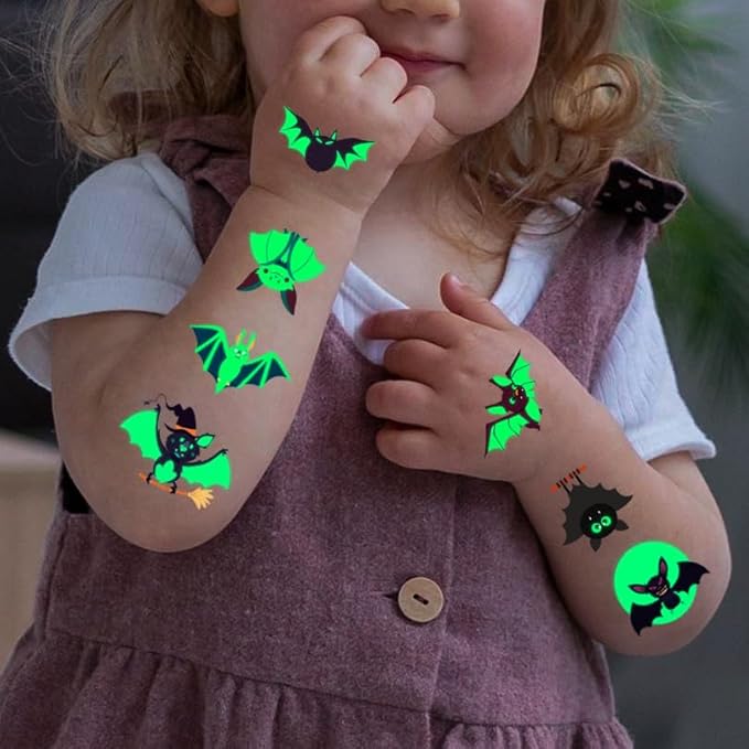 Halloween Luminous Bat Temporary Tattoos for Kids - 10 Sheets Glow In The Dark Halloween Bat Theme Tattoos for Boys and Girls, Halloween Cosplay Face Makeup Accessories Holiday Party Gifts