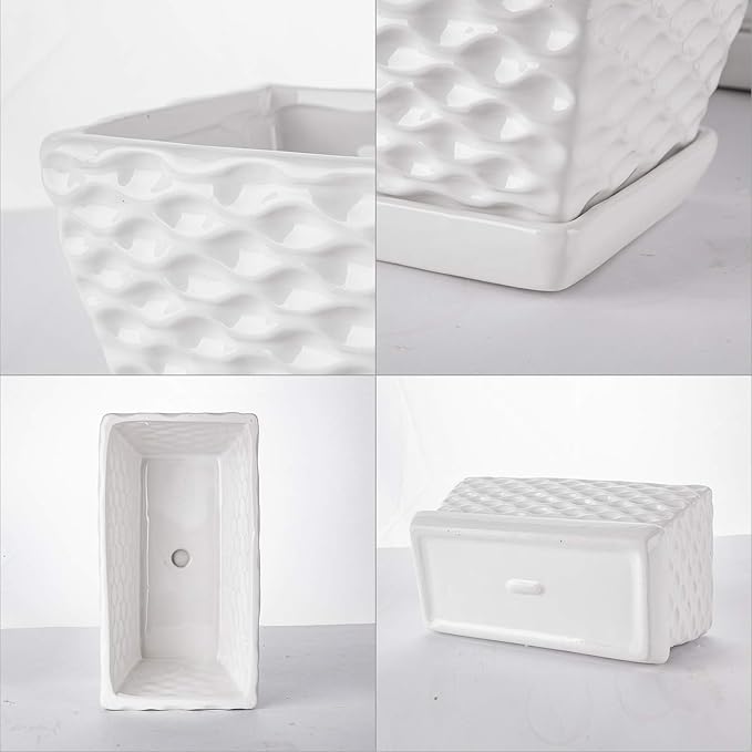 Brajttt Flower Pots,Rectangular Modern White Ceramic Succulent Pots with Drainage, Garden Pots with Hole, Ceramic Pots, Planter Box with Saucer 2 Set