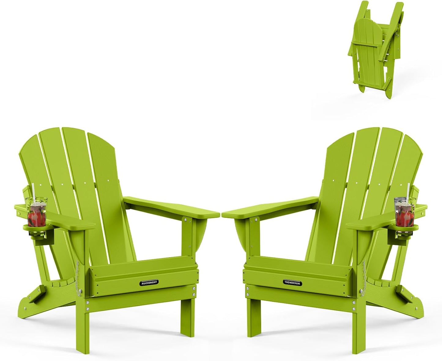 MUCHENGHY Folding Adirondack Chairs Set of 2, Patio Chairs, Lawn Chairs, Outdoor Chair, Adirondack Chair Plastic, Fire Pit, Weather Resistant with Cup Holder for Deck, Backyard, Garden(Lemon Green)