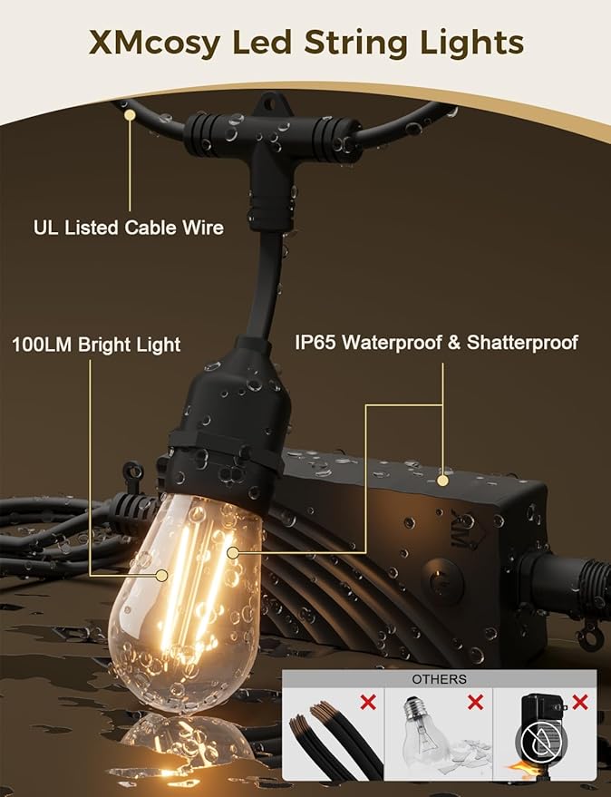 XMCOSY+ Smart Patio Lights 49Ft LED Outdoor String Lights Waterproof IP65, App Control, Compatible with Alexa, Dimmable Edison Bulbs Outdoor Light for Yard Porch Bistro Outside