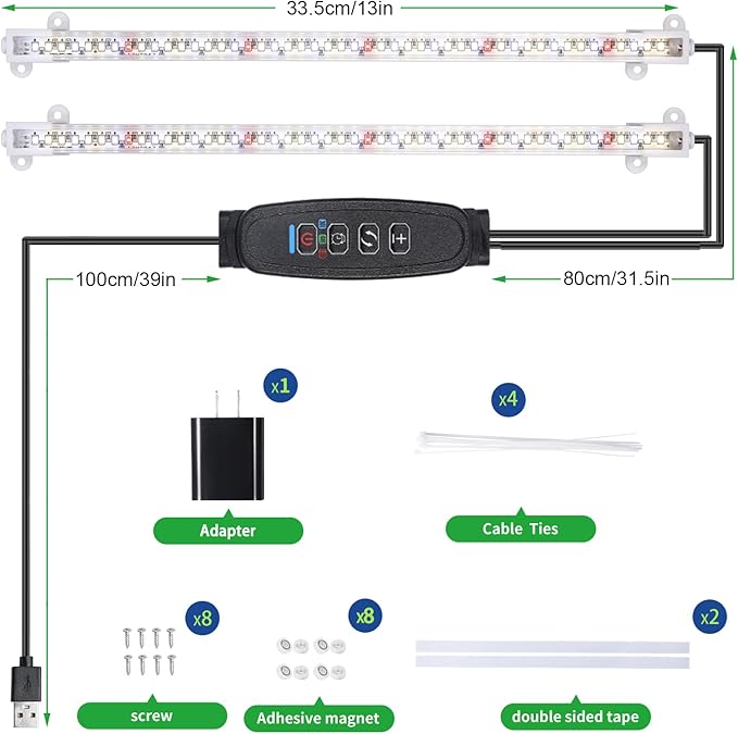 Two Strip Growing Lamp for Indoor Plants, Red & 3000K & 6000K Full Spectrum LED Grow Light Strips with Auto ON/Off 3/9/12H Timer,10 Dimmable Levels for Green House Succulent (13 in)