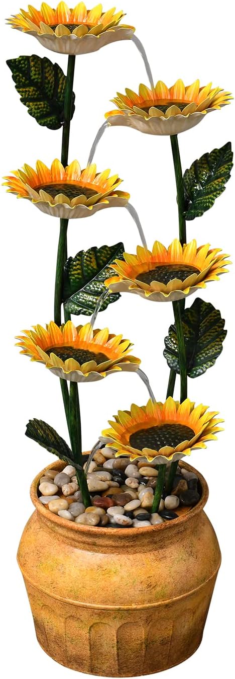 Outdoor Fountains and Waterfalls Cascading Sunflower Fountain 6-Tiers Indoor Outdoor Freestanding Water Fountain Garden Patio Backyard Porch Balcony Home Living Room Office Décor, 33.8 Inch Tall
