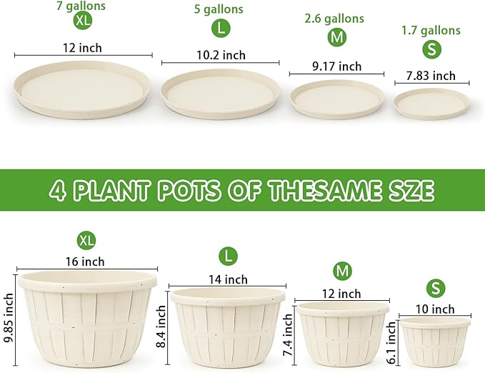 Quarut Plant Planters Pots Set of 4 Pack 16 Inch，Large Plastic Flower Pot for Indoor Plants with Drainage Holes & Trays, Whiskey Barrel Planters with Saucer for House Outdoor Garden Plant（Beige）