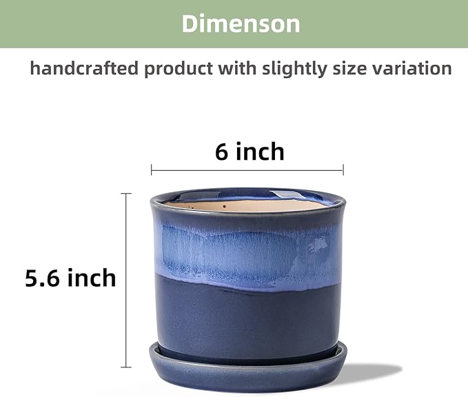 6 Inch Plant Pot: Ceramic Planter with Drainage Hole & Saucer for Indoor Outdoor Plants - Flowerpot with Bonded Tray for Home Office - Blue Reactive Glaze