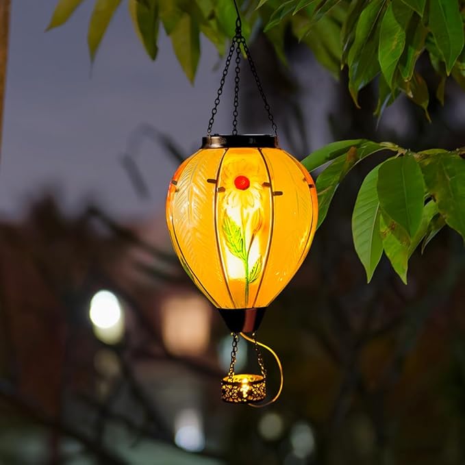 Starsoul Large Solar Hot Air Balloon Lantern with Flame Sunflower Glass Hanging Outdoor Hot Air Balloon Solar Light Waterproof Garden Patio Yard Party Decorations