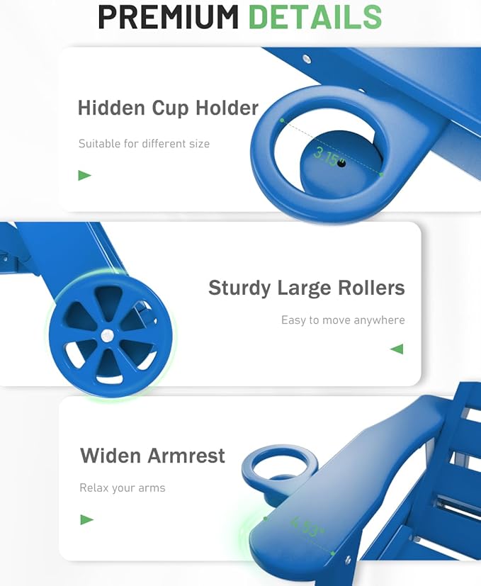 Lounge Chair Outdoor Set of 2, HDPE Chaise Lounge Chair Outdoor with 6-Position & Wheels &Cup Holder, Pool Lounge Chair for Pool Poolside Deck Backyard Patio, Navy Blue