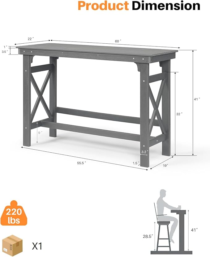 41" Outdoor Bar Table, HDPE Adirondack Outdoor Bar Table, All Weather Outside Bar Counter Height Tables Balcony Furniture, HDPE Patio Bar Tables for Bistro, Deck, Porch, Poolside, Smoke Gray