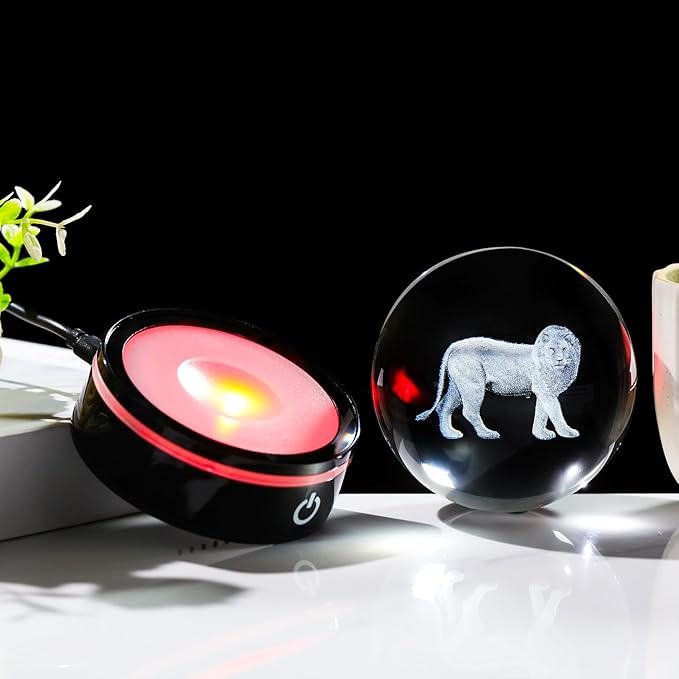 YWHL 3D Crystal Ball Lion Figurine with LED Base, Lion Gifts for Men Women Lions Lovers on Christmas Birthday, Lions Ornament Glass Sphere Decorative Ball for Home Decor (80mm)