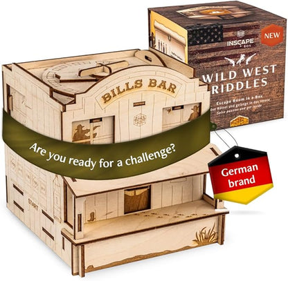 INSCAPE Wild West Riddles - Puzzle Box - Wooden Escape Room in A Box for Adults - Cluebox - Puzzle Boxes with Hidden Compartments - Birthday Gift Gadget for Men and Women