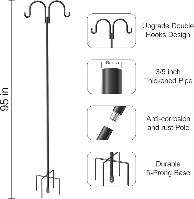 Shepherd Hooks for Outdoor, 2 Pack 95 Inch Bird Feeder Pole with 5 Prongs Base for Hanging Lantern, Hummingbird Feeder, Lightweight Plant, Shepherds Hook for Bird Feeders for Outside
