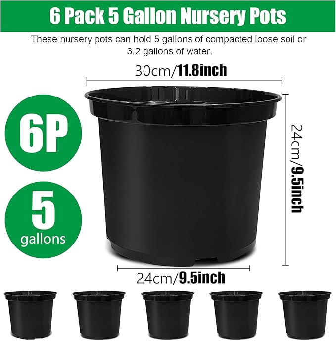5 Gallon Nursery Pots, 12 Inch Thickened Plant Pots with Drainage Holes, Plastic Round Flower Pots for Outdoor Indoor Plants (6-Pack, Black)