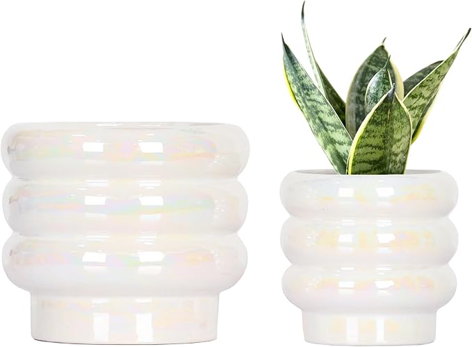 5.7 Inch +4.1 inch 2 pcs Ceramic Plant Pots for Indoor Plants, Rainbow Pearl Glaze Planter with Planters for Plants with Drainage Hole, Orchid Pots, Succulent Pot, Flower Pot (White)