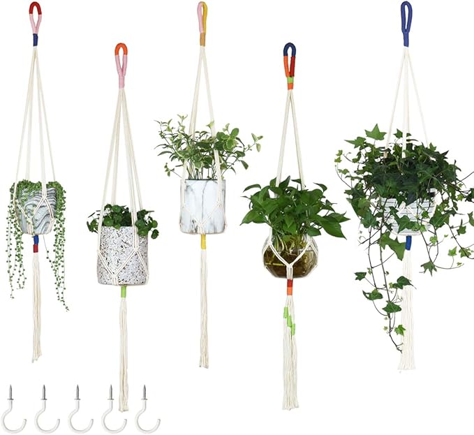 JES&MEDIS 5 Pack Color Handmade Cotton Rope Macrame Plant Hanger Indoor Outdoor Flower Pots Or Basket Hanging Planter Holder for Decorations with 5 PCS Hooks