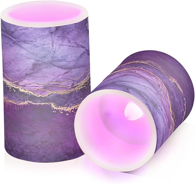 Flickering Flameless Candles, Purple Marble with Golden Veins LED Candles with Remote Timer, Set of 2 Battery Operated Candle for Valentine Wedding Birthday