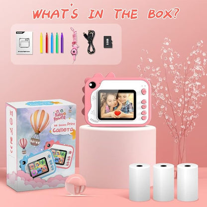 Kids Camera Instant Print, Dinosaur Instant Print Camera for Kids with 1080P Video, 32GB SD Card, 240 Photos, Christmas Birthday Gifts for Boys Girls Ages 3-12 (Pink)