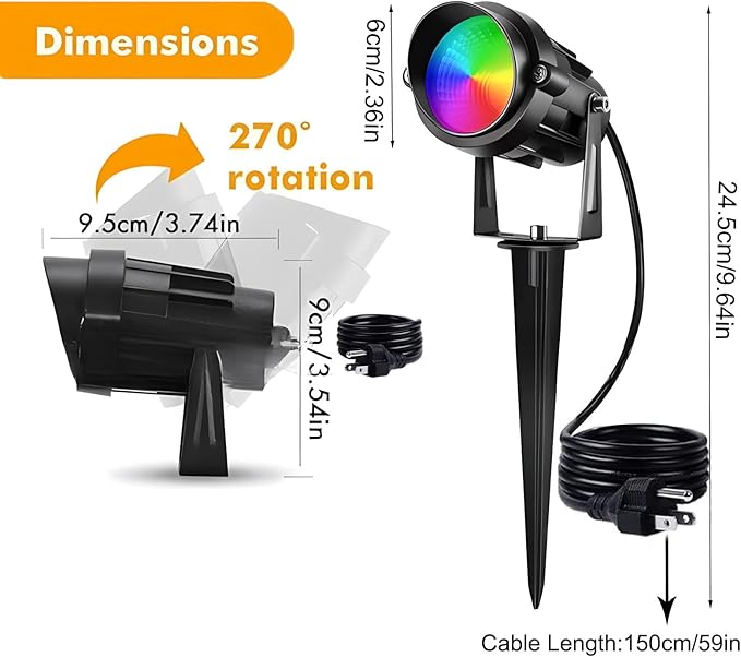 RGBW Spotlight Outdoor 12W LED Warm White Landscape Lights 120V Landscape Lighting with 3-Pin US Plug Waterproof Spot Lights Outdoor for Yard Garden Patio Lawn Decorative(2Pack)