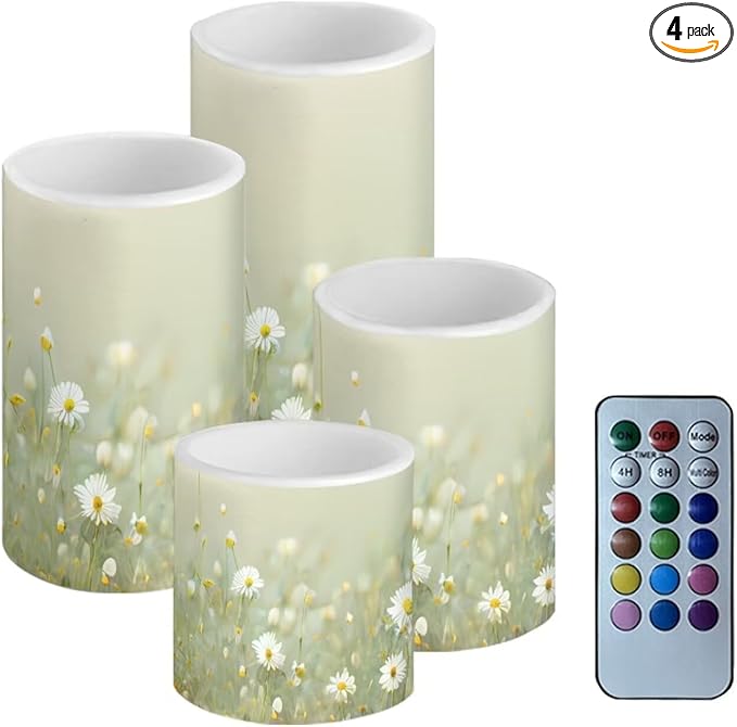 Flameless Candles Battery Powered LED Pillar Candles Tealights with Remote Timer Color Changing Control for Indoor Outdoor Home Tabletop Decoration Set of 4, Daisy Floral Green
