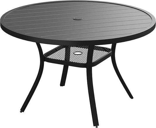 VICLLAX 47.2" Outdoor Round Patio Table for Lawn Garden, All Weather Metal Round Patio Dining Table with Adjustable Umbrella Hole, 6 Person Patio Table, Black Tabletop