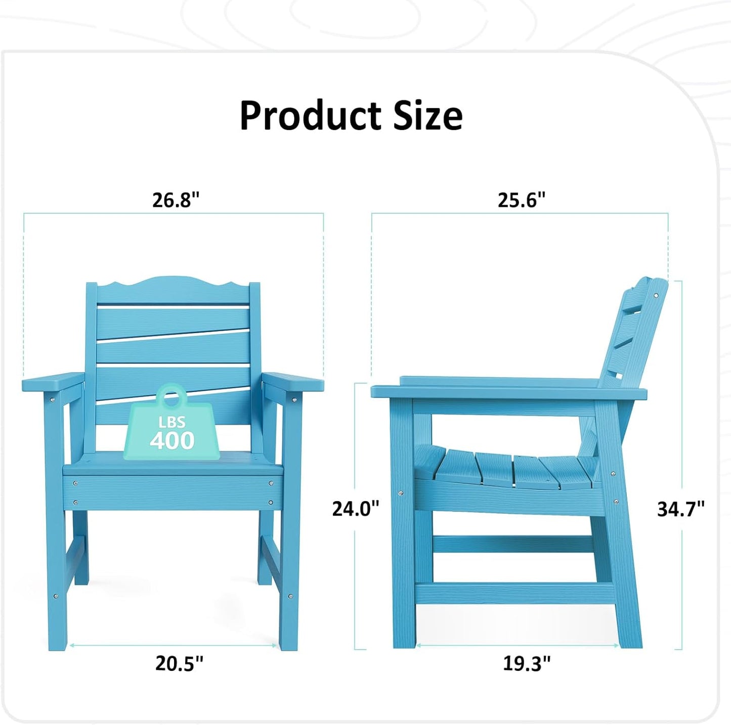 Weatherproof Patio Chair, HIPS Outdoor Dining Chair with Ergonomics Wide Seat, 400lbs Capacity Outdoor Chairs for Garden, Porch, Lawn & Backyard, Lake Blue