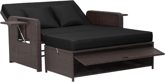 Tangkula Patio Rattan Daybed Set, Wicker Loveseat Sofa w/Multipurpose Ottoman & Retractable Side Tray, 4-Level Adjustable Backrest, Footstool w/Storage, Seat & Back Cushion Included (Black)