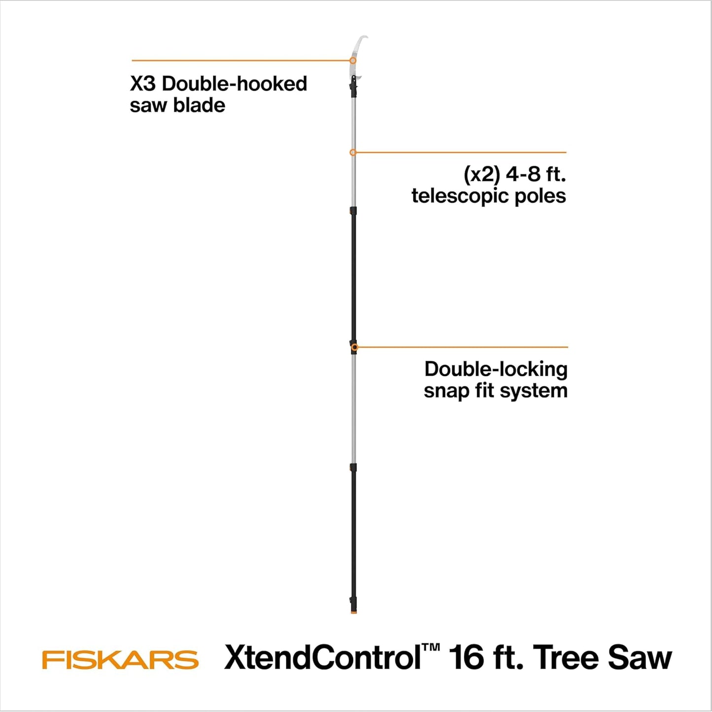 Fiskars XtendControl Extendable Tree Pruner (16 ft), Adjustable Branch Trimmer with 15" X3 Double-Hooked Saw, 4-8 ft Extension Pole, and Secure Locking System for Precision Cutting