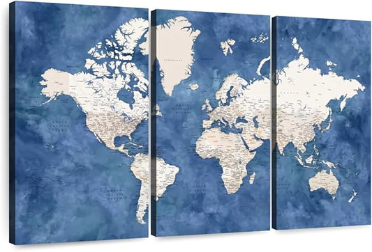 ElephantStock Detailed World Map With Cities I Wall Art - Horizontal Canvas - 3-Piece Living Room Decor - Watercolor Map Canvas Print - Beige and Blue Wall Decor by Blursbyai - 50" X 32"