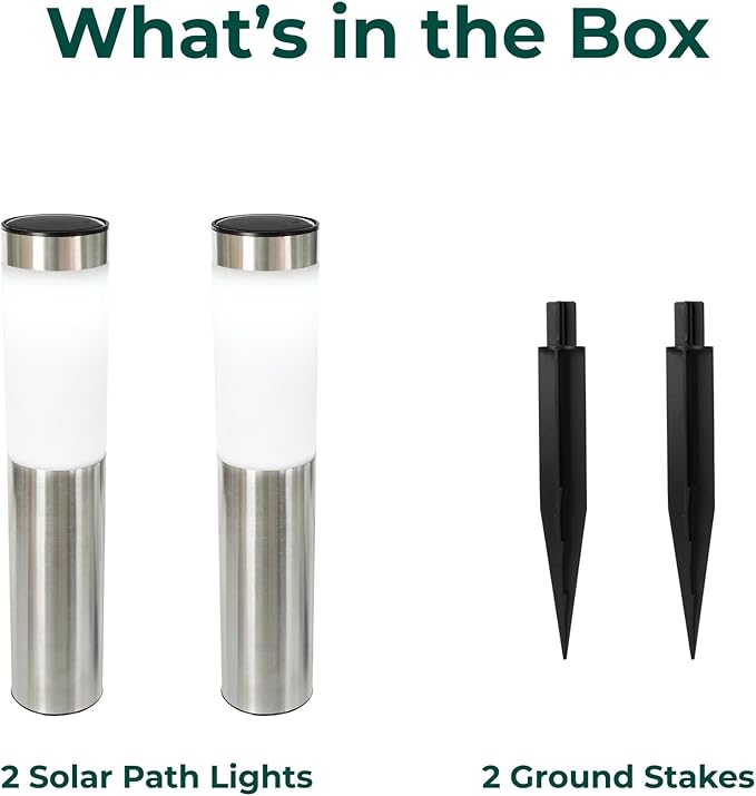 TECHKO Stainless Steel Outdoor Solar Bollard Path Lights (2-Pack), Solar Cylinder Pathway Lights (Stainless Steel)