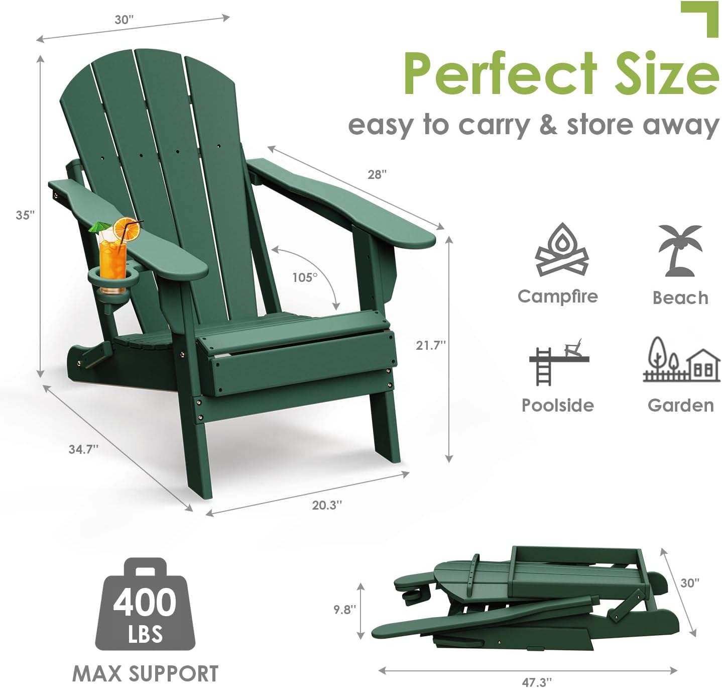 GREENVINES Folding-Adirondack-Chairs-Set-of-6 | HDPE Plastic | Fire Pit Chair | All Weather | Cup Holder | Forest | for Deck Backyard Patio Outdoor Garden