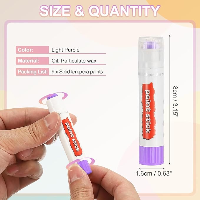 PATIKIL Tempera Paint Sticks, 9 Pcs Solid Tempera Paints Sticks Washable Bulk Markers Pen Quick Drying for Artists Beginners Art Supplies, Light Purple