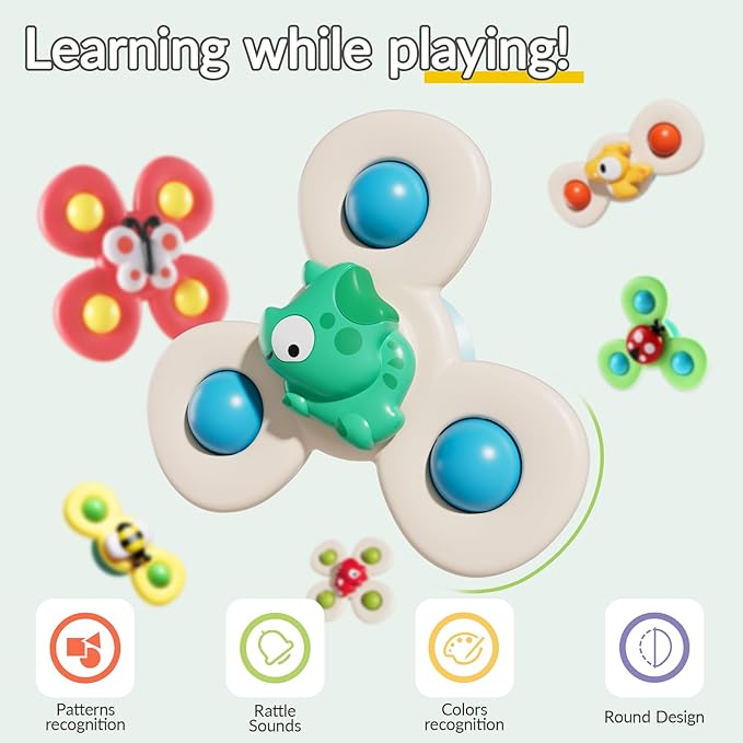 6 PCS Baby Suction Cup Spinner Travel Toys for Kids Ages 1-3, Fidget Spinner Toys for 1 Year Old Boy Girl 12 Months, Sensory Bath Toy for Toddlers Infants Birthday