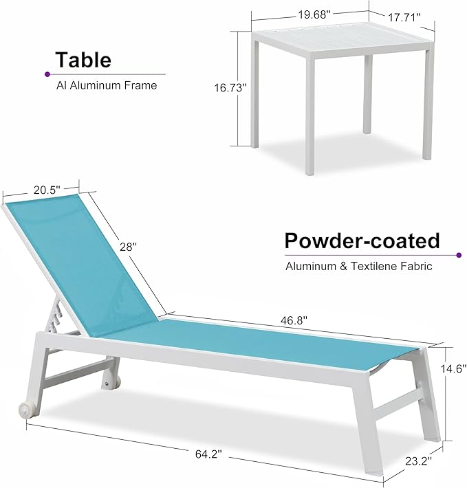 PURPLE LEAF Lounge Chair Outdoor Set of 4 White Aluminum Lounge Chairs with Wheels and Table Outdoor Chaise Lounge for Patio Pool Yard, Turquoise