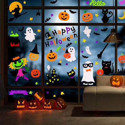 XIMISHOP 6sheet Halloween Gel Window Clings, Pumpkin Ghost Witch Gel Window Stickers Decoration Decals for Halloween Window Decor