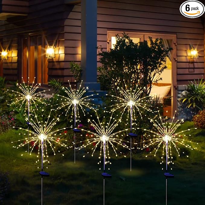 Solar Garden Firework Lights Outdoor Waterproof 6 Pack Solar Powered Art Stake Twinkle Lighting for Outside Decor, 120 LED Sparklers String Lights for Yard Pathway Patio Party Decorations (Warm White)